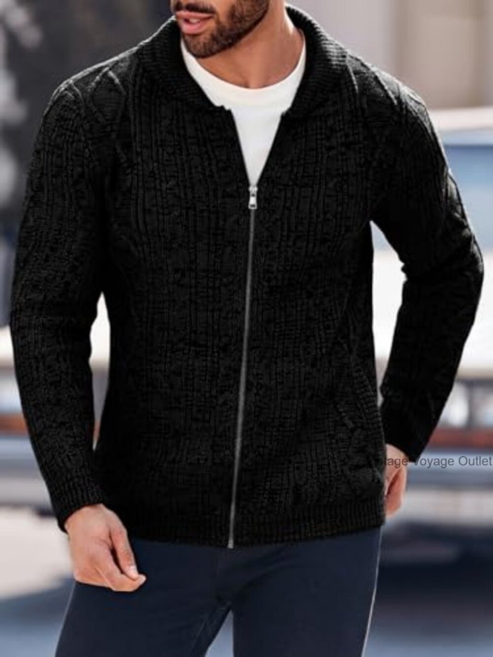 Men's Cable Knit Shawl Neck Cardigan Sweater with Pockets - Picture 2 of 7